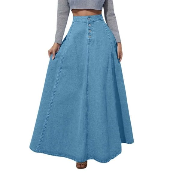HXWCHs A Line Denim Midi Skirt for Women Retro Front Button Detail Flared Hem Casual Stylish Outfit Blue XS