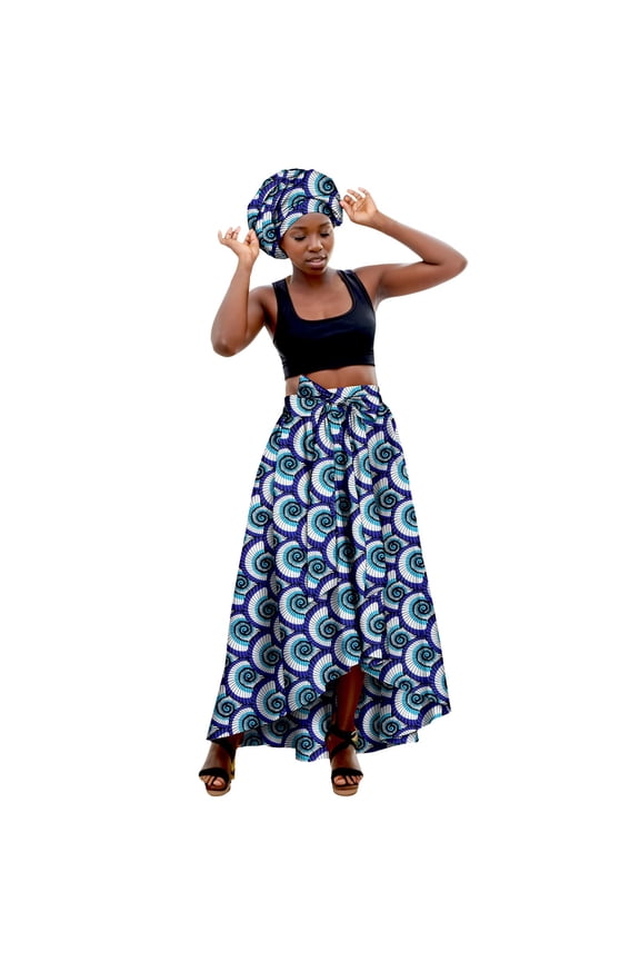 African Print Maxi Skirt Versatile Casual Stretch Fabric Long Skirt with Matching Head Scarf M Purple