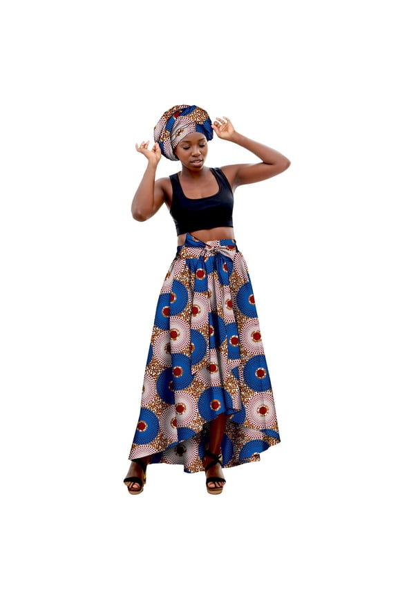 African Print Maxi Skirt Versatile Casual Stretch Fabric Long Skirt with Matching Head Scarf S Blue