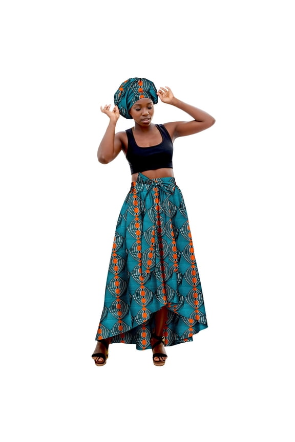 African Print Maxi Skirt Versatile Casual Stretch Fabric Long Skirt with Matching Head Scarf XXXXL Dark Green