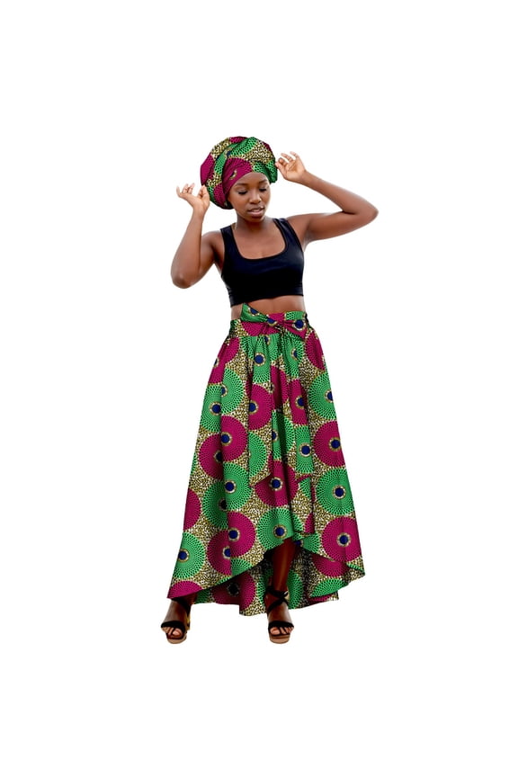 African Print Maxi Skirt Versatile Casual Stretch Fabric Long Skirt with Matching Head Scarf XXXXXXL Red