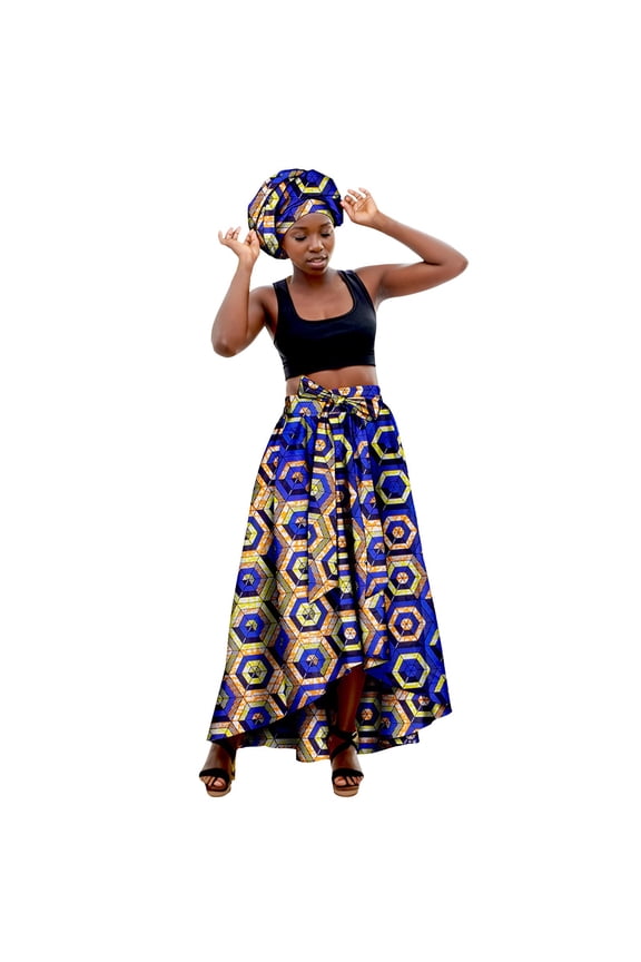 African Print Maxi Skirt with Casual Stretch Fabric and Versatile Head Scarf Wrap XXXXXXL Blue