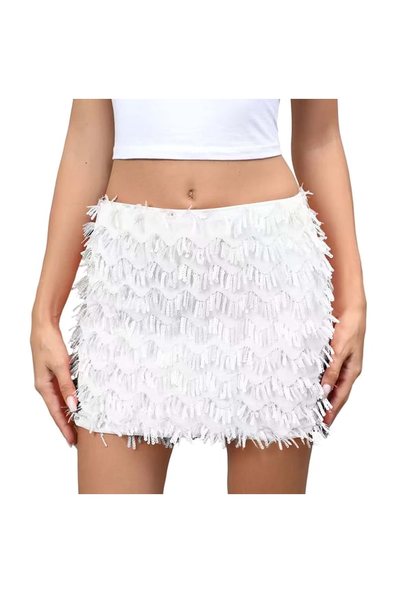 And Shine Sequin Midi Bodycon Skirt Elegant Party Wear Stretchy High Waist Glitter Evening Dress With Slit White M