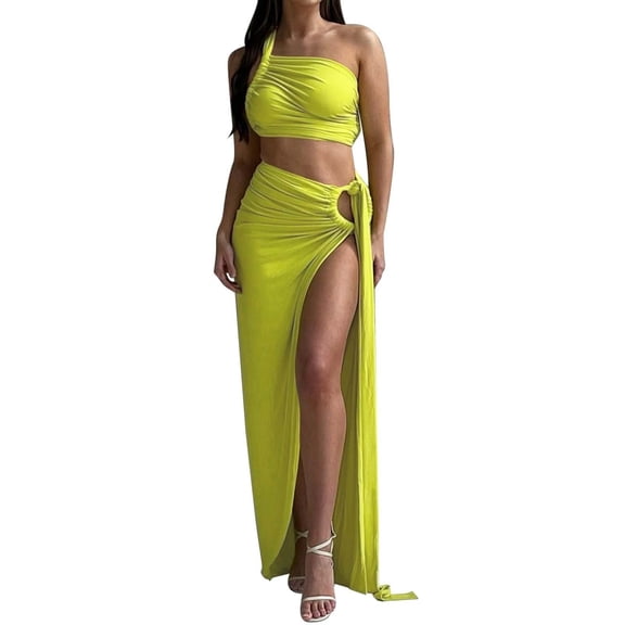 HXWCHs Backless Tube top Slim Slit Skirt Suit for Women Stylish 2-Piece Set with Figure-Flattering Fit, Suitable for Wedding Guest & Night Out M Green