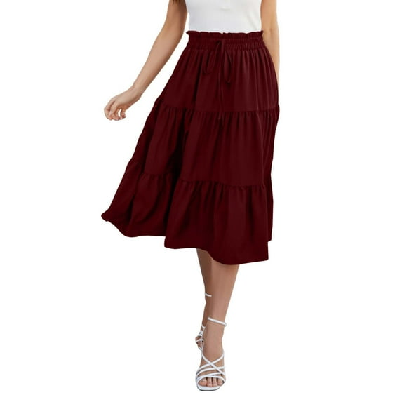 HXWCHs Bohemian Tiered Flare Midi Skirt Flowing A-Line Design Lightweight Fabric Women Casual Beach Wear Red L