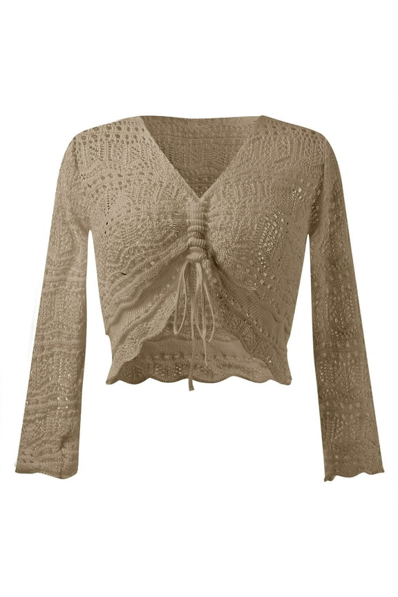 Bohemian off The Shoulder Sheer Crop top with Flowing Sleeves and Crochet Hem Pullover Sweater for Women L Khaki
