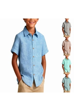 Boys Button Down Chambray Shirts Casual Short Sleeve Cotton Linen Shirt with Pockets for Kids 1-11 Years Blue