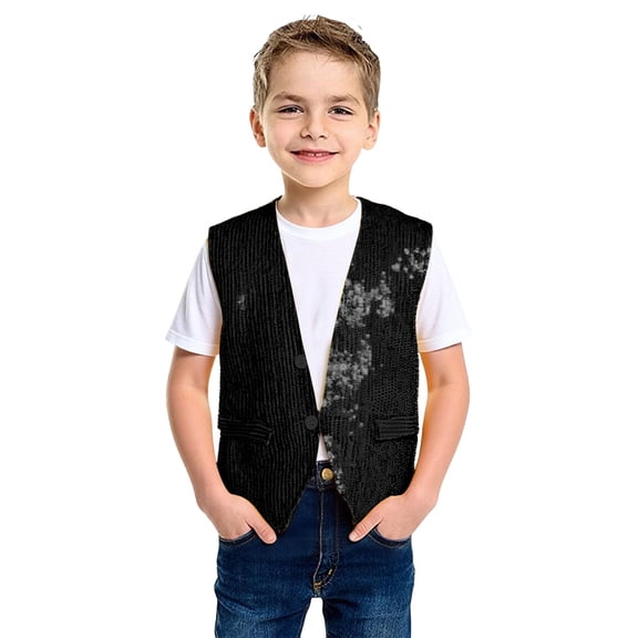 HXWCHs Boys Hop Performance top Kids Sequin Carnival Vest Glitter Party Tank top for Boys and Girls Festive Celebration Apparel Childrens Dance Shiny Disco Outfit Black-9 6-10Years