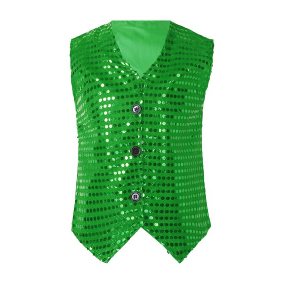 HXWCHs Boys' Sleeveless Sequined Hop Performance Tees Glitter Sequin Vest top Performance Stage Show Party Celebration Shiny Apparel Dance Wear Childrens Garment Green-8 17Years
