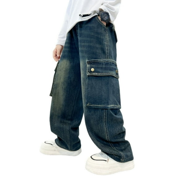 HXWCHs Boys' Streetwear Jeans Elastic Waist Comfortable Trousers For Kids Regular Fit Casual Outdoor Play Age 4 to 15 Years Durable Lightweight Blue 7-8 Years