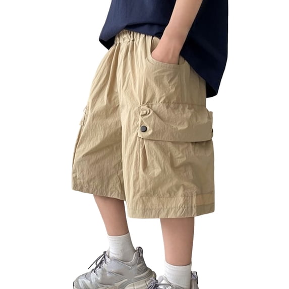 HXWCHs Boys' Wide Casual Overalls with Drawstring Waist Comfortable Stretch Fabric for Spring Summer Outdoor Sports and Daily Wear Khaki 4-5 Years