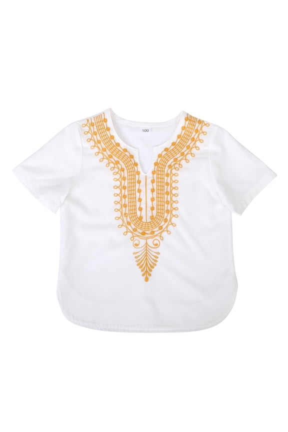 Boys athletic t shirt African Dashiki Shirt for Kids Traditional Ankara Print Loose Fit Casual top Outfits Boys Girls Childrens Party Wear White 1-2 Years