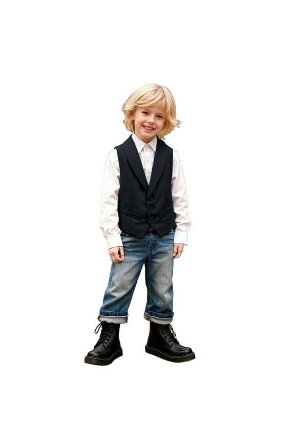 Boys athletic t shirt Boys formal Suit Dress Elegant Gentleman Vest Set for Piano Recital Speech Wedding Flower Girl Attire Childrens Outfit Black 6-7 Years