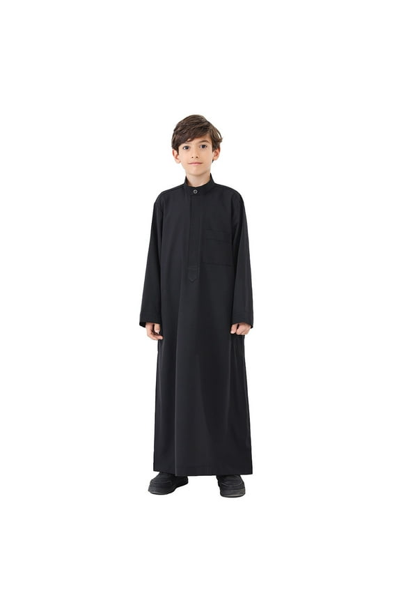 Boys button down shirt Arabic Thobe Kaftan Robe Long Sleeve Embroidered National Crew Wear for Teenage Boys Childrens Traditional Attire Black 7-8 Years