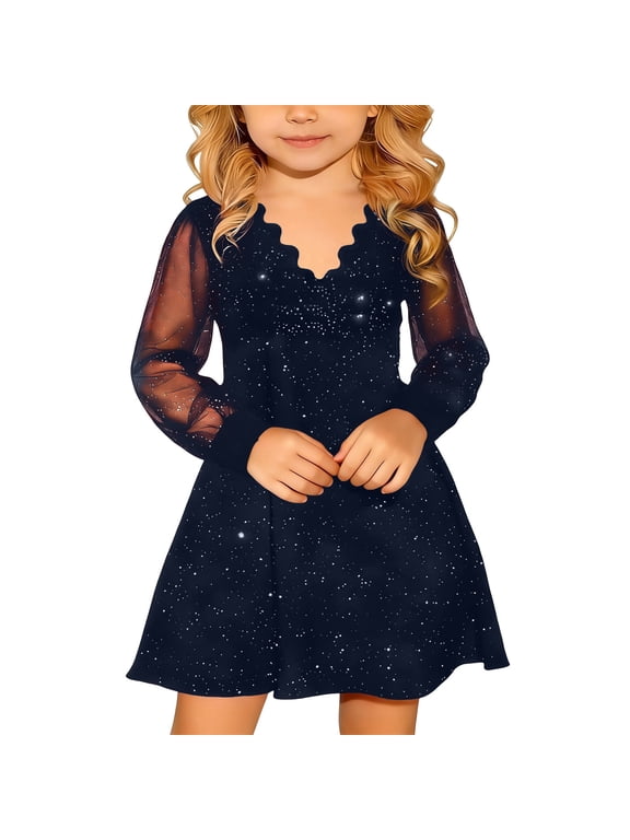 Carnival Festival Sequin Gown for Girls: Long Mesh Sleeve Sparkle Dress 7-8 Years White