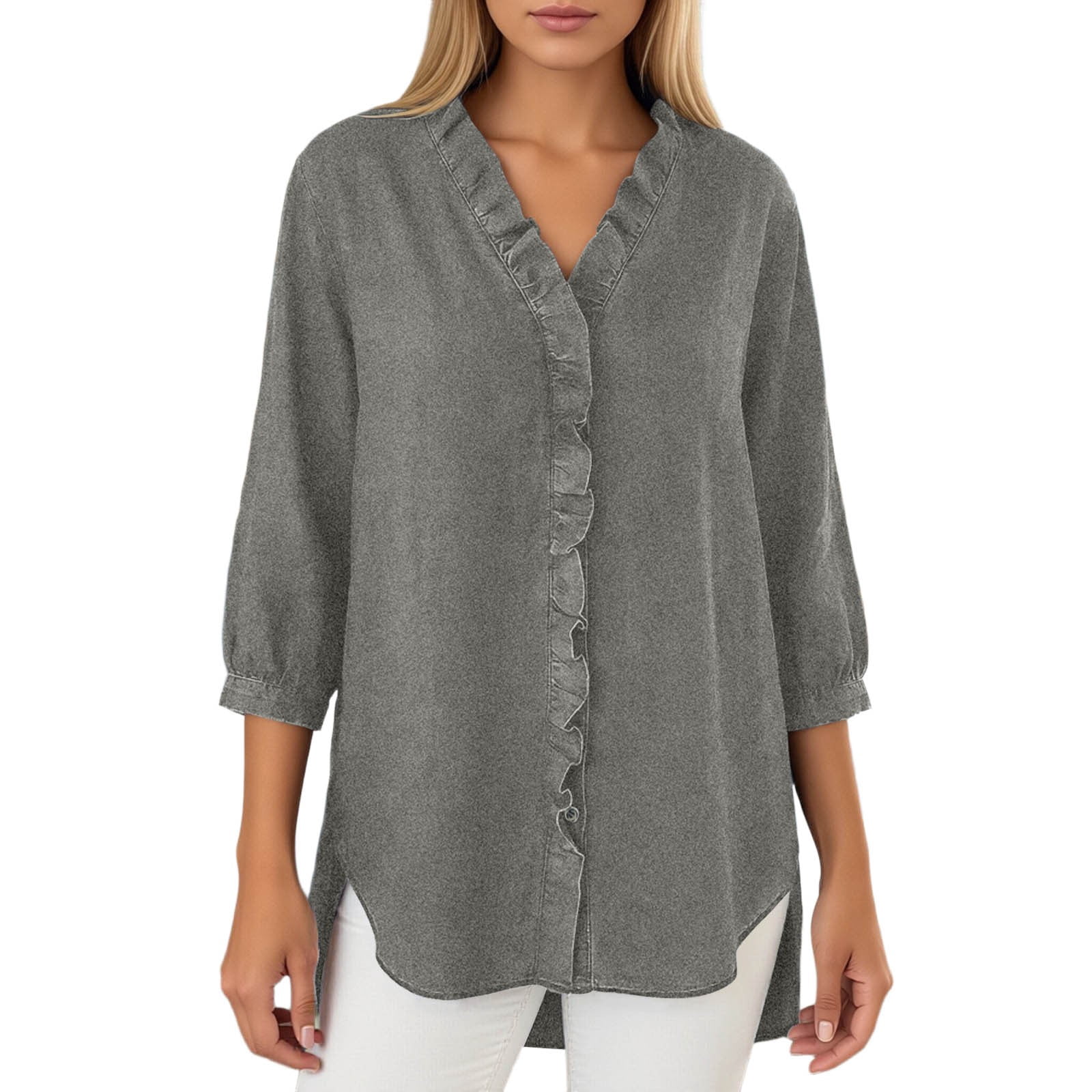 HXWCHs Casual Denim Flounce Hem Blouse with Ruffled Sleeves for Women Spring and Summer tops S Grey