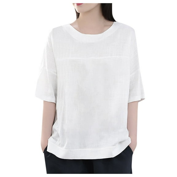 HXWCHs Casual Women’s Loose Fit Round Neck Short Sleeve Blouse for Summer – Lightweight Solid top for Everyday Wear White M