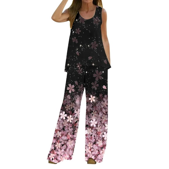 HXWCHs Casual Women's Two-Piece Set: Print Tank Top & High-Waisted Wide-Leg Pants Black M