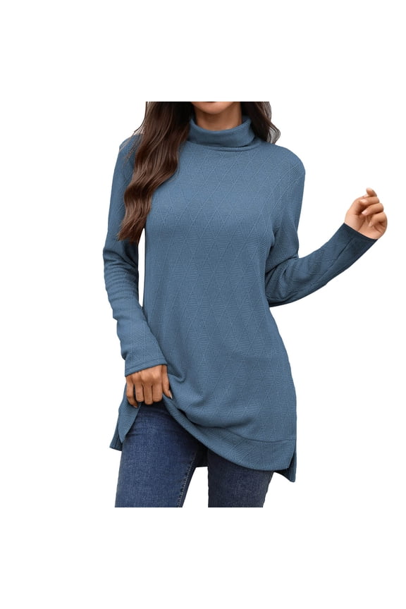 Cotton Women's Loose Fit Turtleneck Knit top Long Sleeve Casual Split Hem Soft Stretch Basic Tee for Daily Comfort S Blue