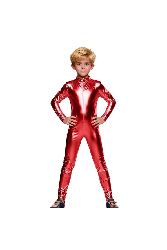 Elegant Court Style Jumpsuit Glossy Leather Unisex Full Bodysuit for Carnival Party Performance 5-6 Years Red