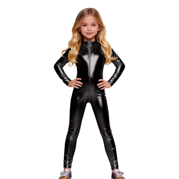 HXWCHs Elegant Court Style Jumpsuit Glossy Leather Unisex Full Bodysuit for Carnival Party Performance 6-7 Years Black