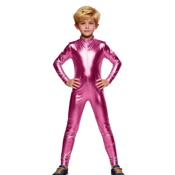HXWCHs Elegant Court Style Jumpsuit Glossy Leather Unisex Full Bodysuit for Carnival Party Performance 6-7 Years Pink