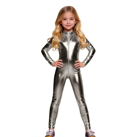 HXWCHs Court Style Glossy Leather Unisex Jumpsuit Elegant Full Bodysuit for Carnival Party Stage Performance Attire 7-8 Years Grey