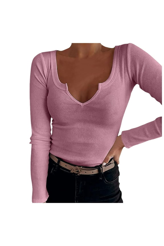 Deep U Neck Long Sleeve Solid Color Casual Fashion T-Shirt for Women XS Red