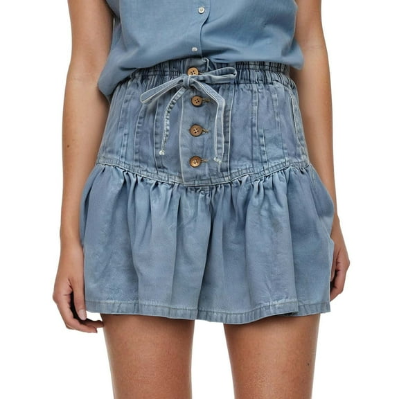HXWCHs Denim High Waist A Line Pleated Mini Skirt for Women Casual Summer Versatile Skirt Blue S