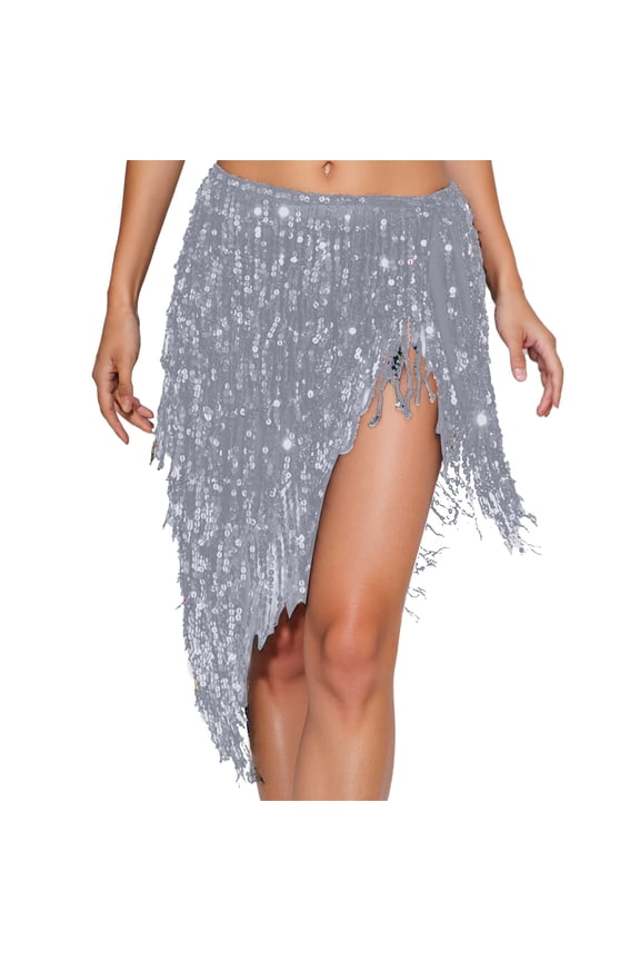 Elegant Belly Dance Performance Scarf with Glittering Sequins and Flowing Fringe for Practice One Size Silver