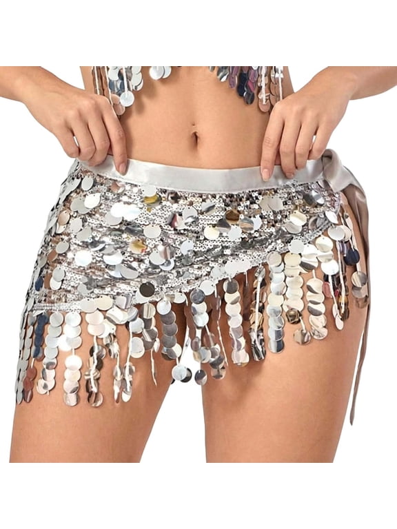 Elegant Belly Dance Skirt with Sequins Fringe Sash for Performance and Everyday Showpieces One Size Silver