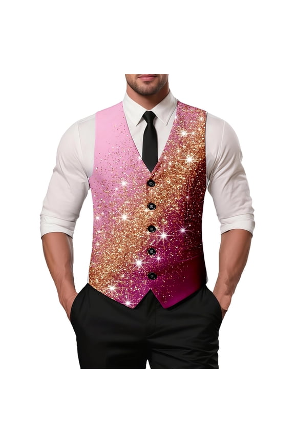 Elegant Carnival Print formal Vest Sleeveless Jacket for Wedding Party Evening Gala Celebration XXXXL Pink