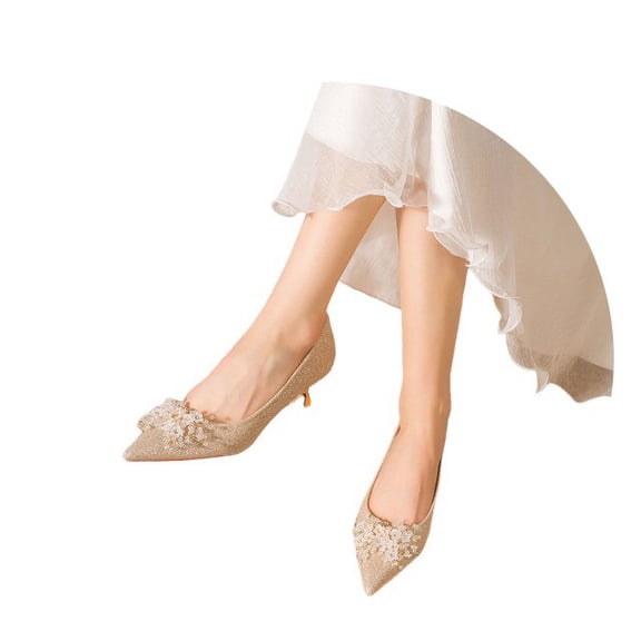 HXWCHs Elegant Carnival Sequins Wedding Shallow Pointed ofe Bridal Shoes for Bride High Heels Comfortable Thick Sole Dress 42 Rose Gold