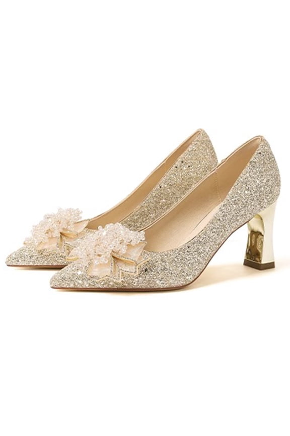 Elegant Carnival Sequins Wedding Shallow Pointed toe Bridal Shoes for Bride High Heels Comfortable Thick Sole Dress 38 Gold