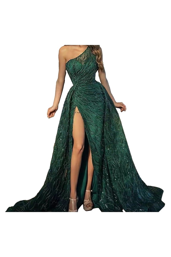 Elegant Feather Shoulder Prom Evening Gown for Women Wedding Party formal Dress L Green