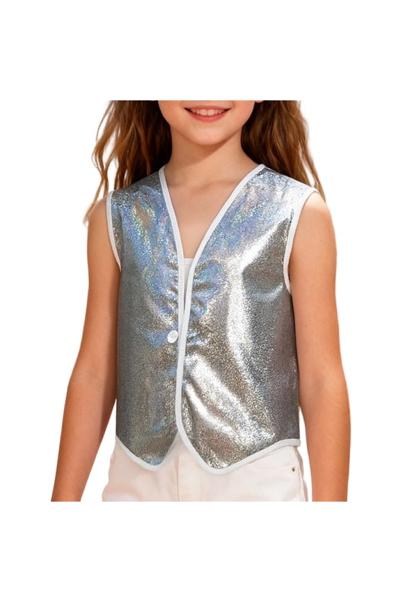 Elegant Girls Sequin Vest Button Sleeveless Jacket for Stage Performance and Casual Daily Wear90 Black