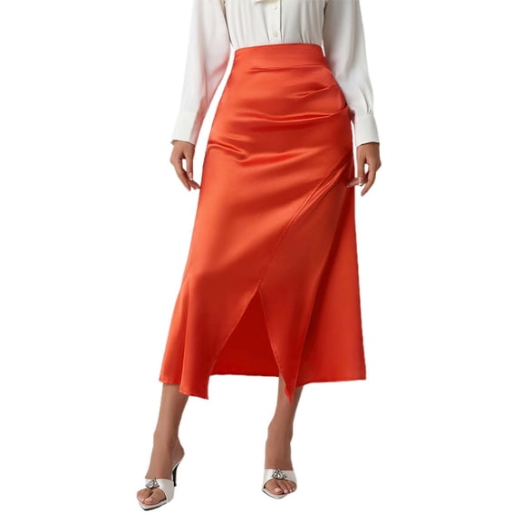 HXWCHs Elegant High Waist Satin Pleated Bodycon Skirt with Side Slit for Women Orange L