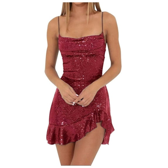 HXWCHs Elegant Ladies Back Strap Lace Glitter Party Dress wtih Leaf Edge Sleeveless Design for Events M Red