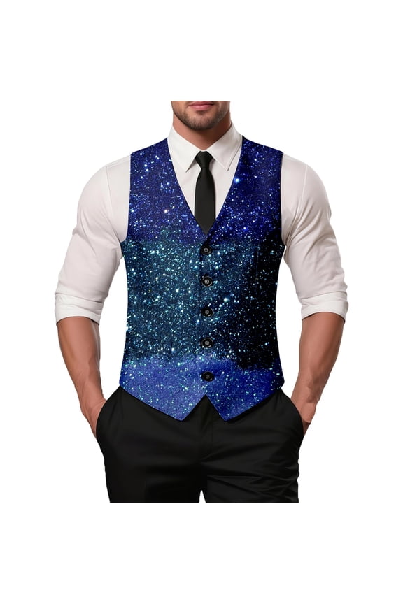 Elegant Men's formal Vest Sleeveless Jacket with Carnival Print for Wedding Party Evening Gala Celebration XL Blue