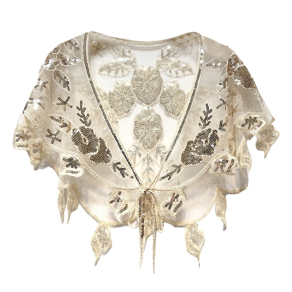 HXWCHs Elegant Mesh Evening Shawl Dress Retro Sequin Stole Scarf for Women's Banquet Party Wrap One Size Beige