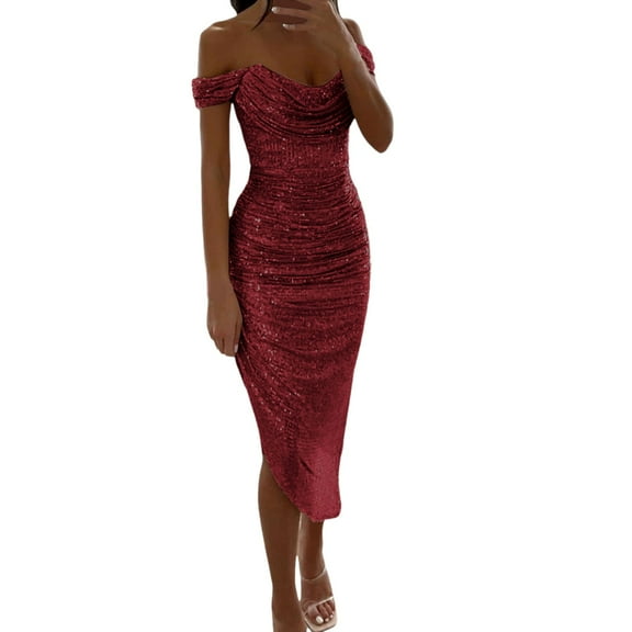 HXWCHs Elegant Off Shoulder Sequin Prom Gown Tight Pleated Formal Midi Homecoming Dress for Women Red XL