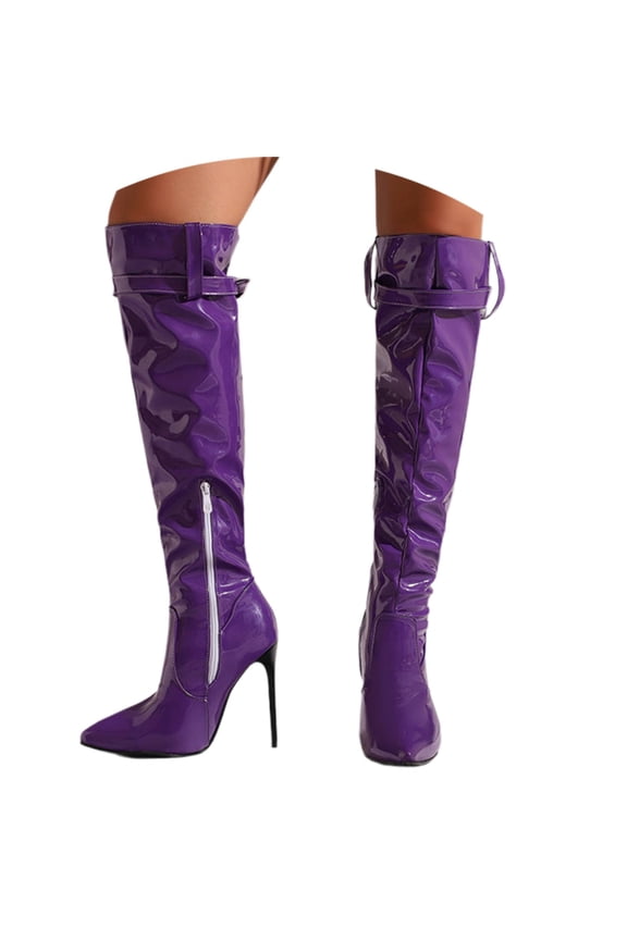 Elegant Over-The-Knee Boots for Evening Events Sophisticated Stiletto Heel Long Boots in Shiny Leather 43 Purple