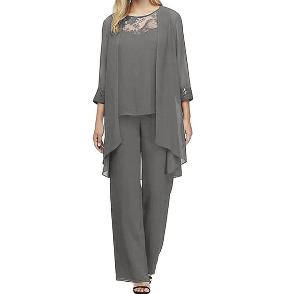 HXWCHs Elegant Plus Size Party 3-Piece Set - Lace Top, Flowy Chiffon Pants & Cape Cardigan Grey XXL