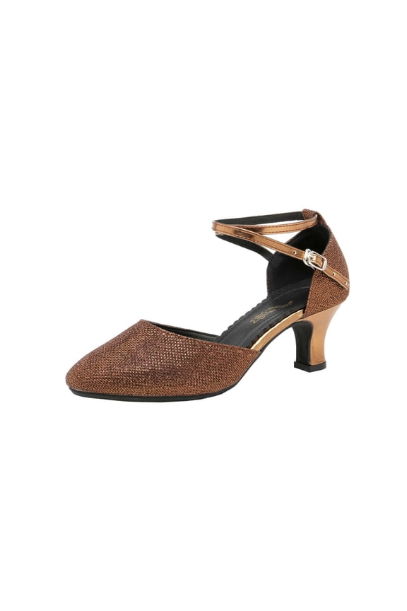 Elegant Shimmering Slingback Mid Heel Dress Shoes with Adjustable Strap Buckle for Latin Dance and Soft Sole Comfort42 Brown