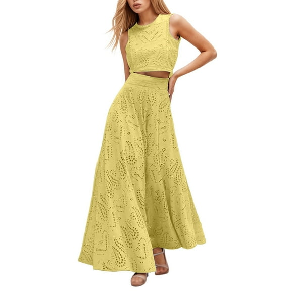 HXWCHs Elegant Sleeveless Long Skirt Suit with Intricate Lace Detailing for Casual Wear and Seasonal Versatility S Yellow