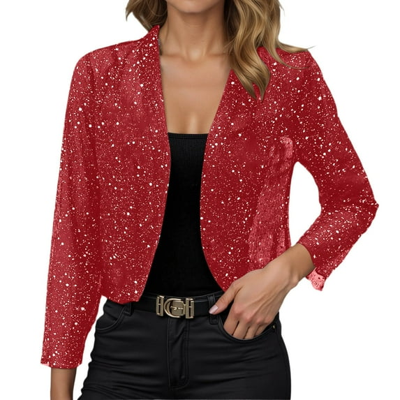 HXWCHs Elegant Solid Color Casual Jacket Lightweight Shiny Front Open Long Sleeve Breathable Thin Party Cardigan Outerwear Coat for Women L Red