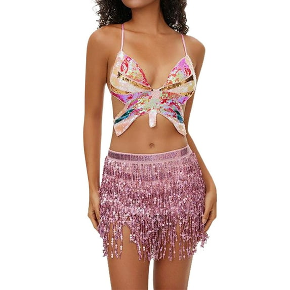 HXWCHs Elegant Sparkly Fringe Sequin Print Two Piece Set with ofp and Stylish Mini Skirt for Women's Party Wear One Size Light Pink