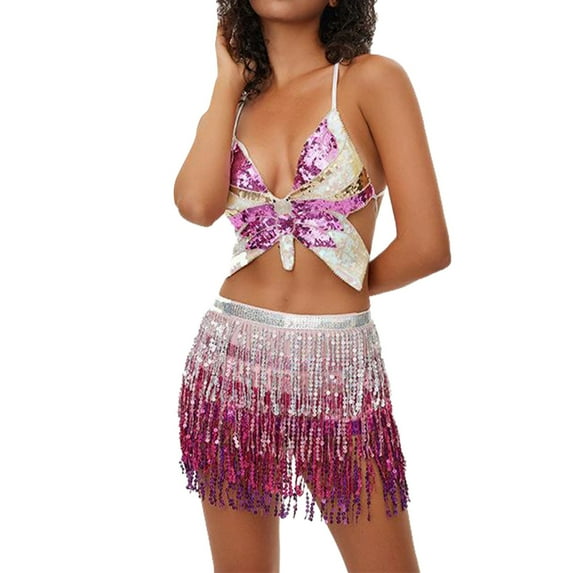 HXWCHs Elegant Sparkly Fringe Sequin Print Two Piece Set with ofp and Stylish Mini Skirt for Women's Party Wear One Size Pink