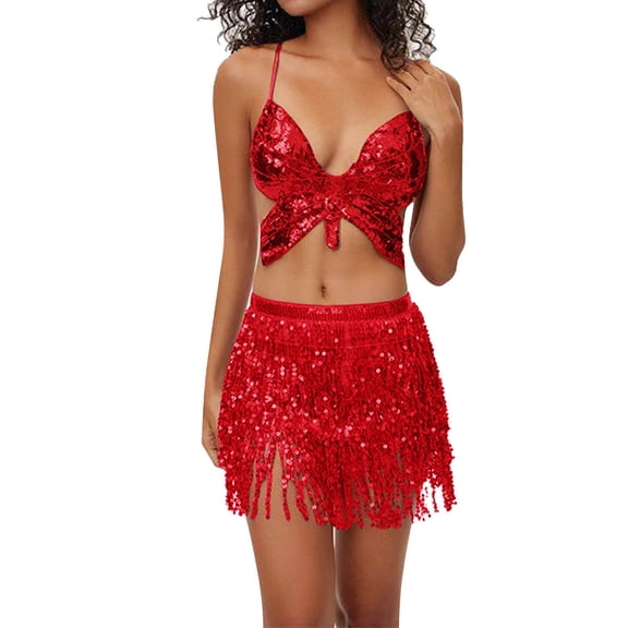 HXWCHs Elegant Sparkly Fringe Sequin Print Two Piece Set with ofp and Stylish Mini Skirt for Women's Party Wear One Size Red