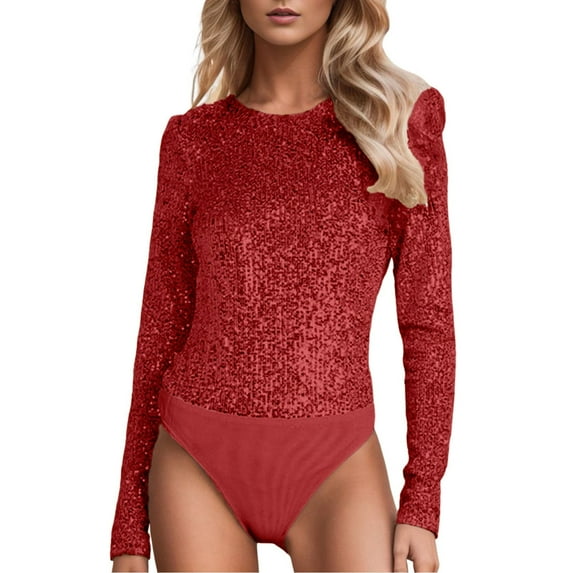 HXWCHs Elegant Sparkly Slim Fit Long Sleeve Jumpsuit Bodysuit Solid Color Evening Party Wear for Women Red XXL
